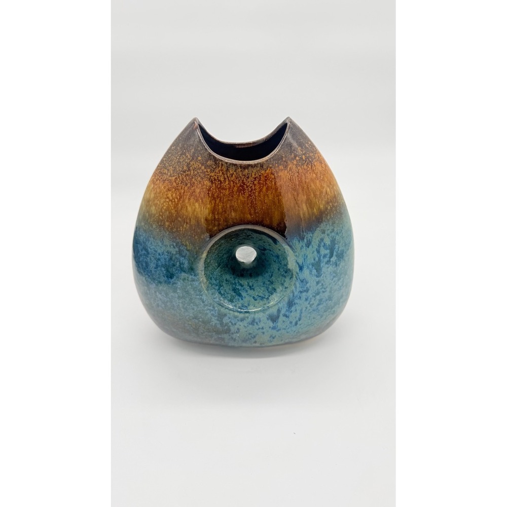 Vintage Ceramic Vase Decoration Piece 8.5 Inches Tall In Brown & Blue Distressed
